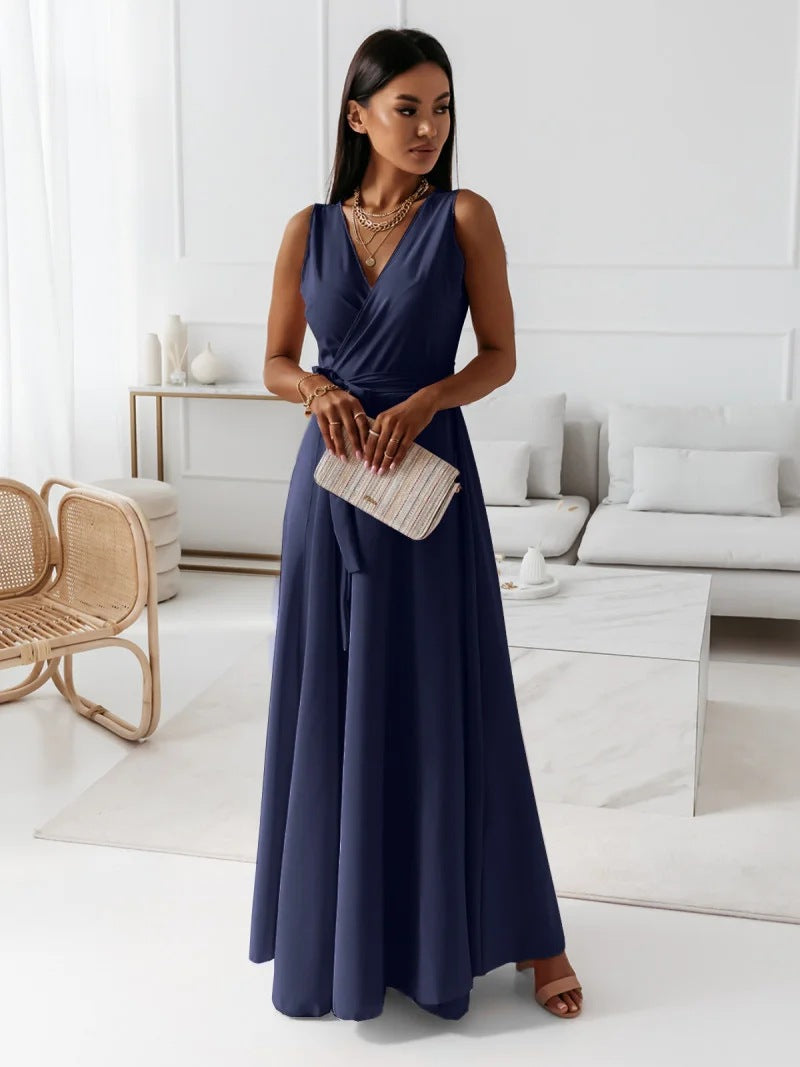 Femme - Robe longue simple - Décolleté en V - Élégante et confortable - Mode féminine