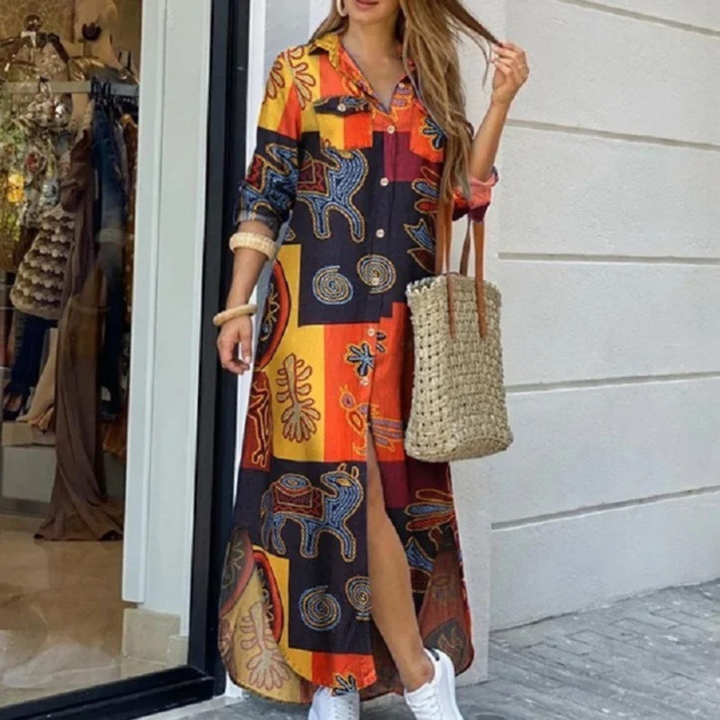 Femme - Robe Chemisier Slim - Imprimé Floral - Col Portefeuille - Élégance et Confort
