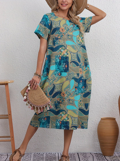 Femme - Robe d'été élégante en lin - Imprimé floral, légère et aérée avec poche - Confort et style