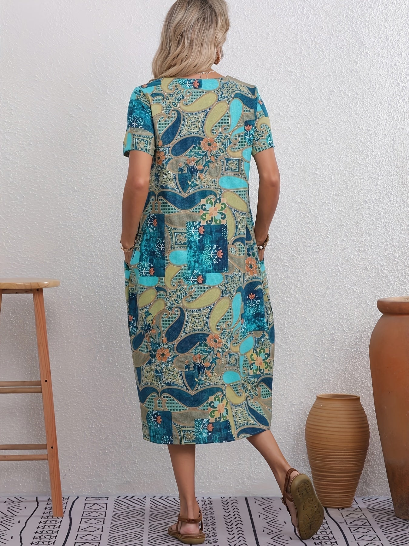 Femme - Robe d'été élégante en lin - Imprimé floral, légère et aérée avec poche - Confort et style