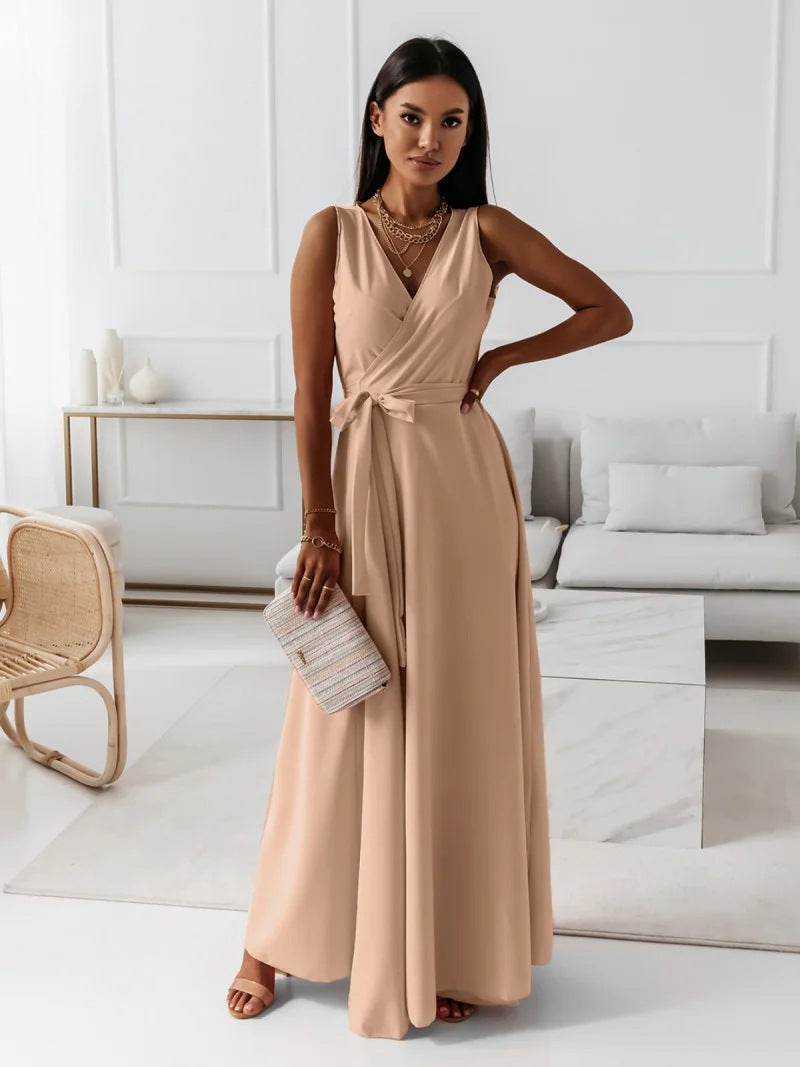 Femme - Robe longue simple - Décolleté en V - Élégante et confortable - Mode féminine