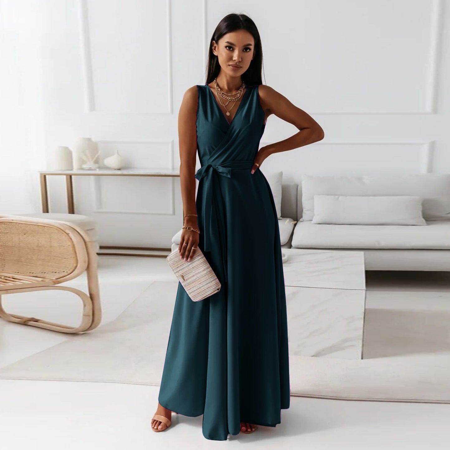 Femme - Robe longue simple - Décolleté en V - Élégante et confortable - Mode féminine
