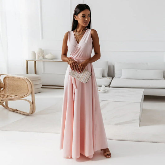 Femme - Robe longue simple - Décolleté en V - Élégante et confortable - Mode féminine