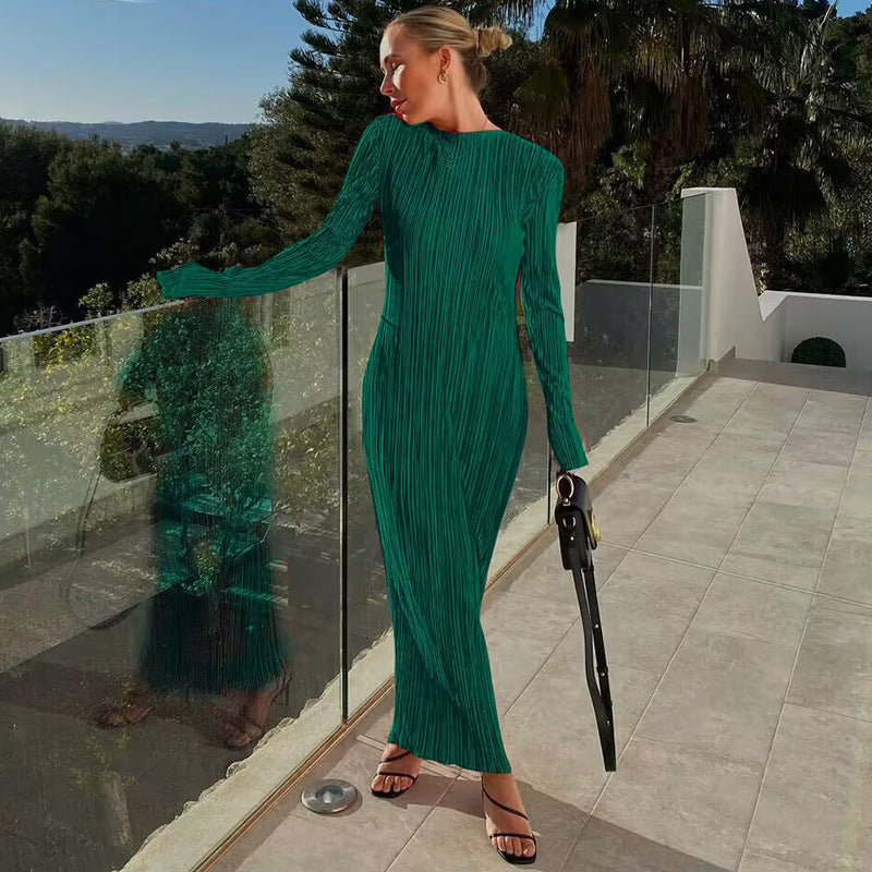 Femme - Robe longue plissée et cintrée - Élégante et confortable - Look chic et tendance
