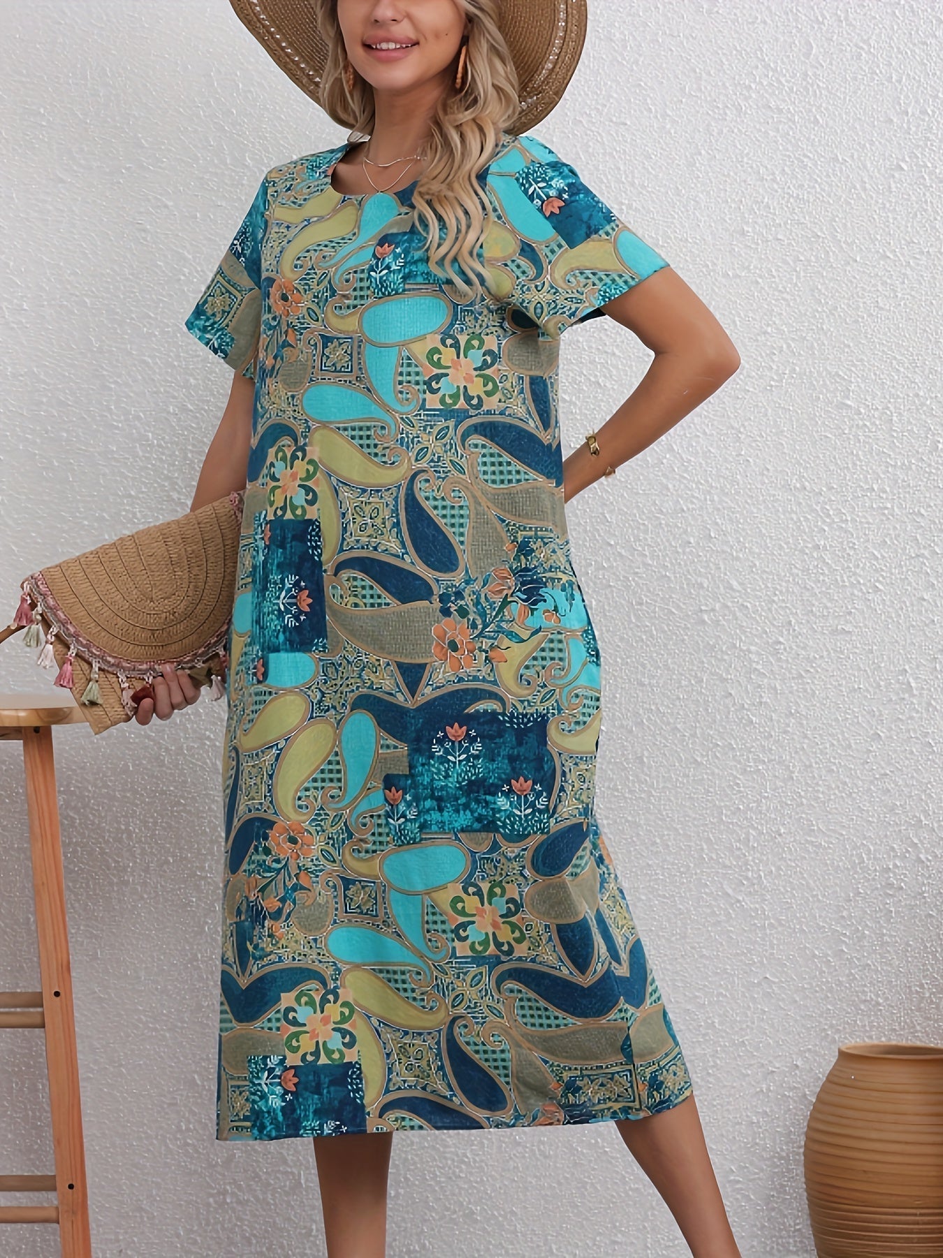 Femme - Robe d'été élégante en lin - Imprimé floral, légère et aérée avec poche - Confort et style