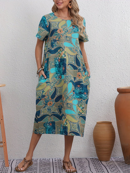Femme - Robe d'été élégante en lin - Imprimé floral, légère et aérée avec poche - Confort et style